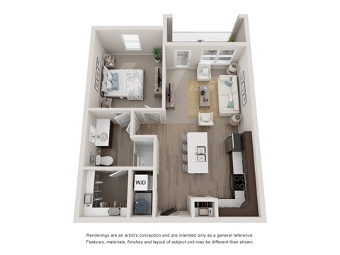 A 3D floor plan of an apartment with one bedroom and a living area.